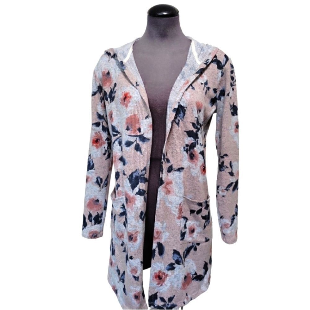 EC LILY WHITE FLORAL OPEN CARDIGAN W/ HOOD AND POCKETS SZ. S